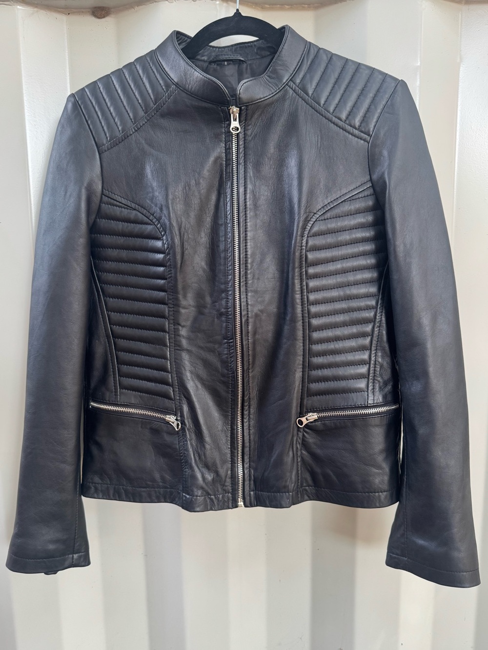 Women's Black Leather Cafe Racer Moto Zip Jacket